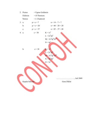 2. Proton = Ugene Goldstein
Elektron = JJ Thomson
Netron = J. Chadwich
3. a. p = e = 7 n = 14 – 7 = 7
b. p = e = 20 n = 40 – 20 = 20
c. p = e = 37 n = 85 – 37 = 48
4. a. e = 30 K = 1s2
L = 2s2
2p6
M = 3s2
3p6
3d10
N = 4s2
b. e = 38 K = 1s2
L = 2s2
2p6
M = 3s2
3p6
3d10
N = 4s2
4p6
O = 5s2
……………………….., Juli 2009
Kepala Sekolah Guru Diklat
 