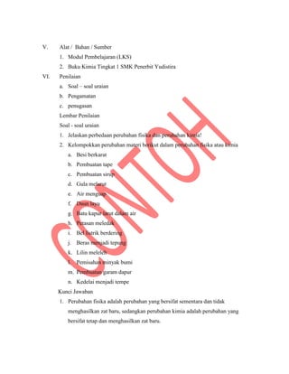 V. Alat / Bahan / Sumber
1. Modul Pembelajaran (LKS)
2. Buku Kimia Tingkat 1 SMK Penerbit Yudistira
VI. Penilaian
a. Soal – soal uraian
b. Pengamatan
c. penugasan
Lembar Penilaian
Soal - soal uraian
1. Jelaskan perbedaan perubahan fisika dan perubahan kimia!
2. Kelompokkan perubahan materi berikut dalam perubahan fisika atau kimia
a. Besi berkarat
b. Pembuatan tape
c. Pembuatan sirup
d. Gula melarut
e. Air menguap
f. Daun layu
g. Batu kapur larut dalam air
h. Petasan meledak
i. Bel listrik berdering
j. Beras menjadi tepung
k. Lilin meleleh
l. Pemisahan minyak bumi
m. Pembuatan garam dapur
n. Kedelai menjadi tempe
Kunci Jawaban
1. Perubahan fisika adalah perubahan yang bersifat sementara dan tidak
menghasilkan zat baru, sedangkan perubahan kimia adalah perubahan yang
bersifat tetap dan menghasilkan zat baru.
 
