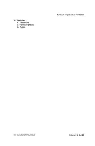Kurikulum Tingkat Satuan Pendidikan
SMK MUHAMMADIYAH MATARAM  Halaman 12 dari 26
VI. Penilaian :
A. Tes tertulis
B. Penilaian proses
C. Tugas
 