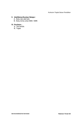 Kurikulum Tingkat Satuan Pendidikan
SMK MUHAMMADIYAH MATARAM  Halaman 16 dari 26
V. Alat/Bahan/Sumber Belajar :
A. Buku dan alat tulis
B. Buku kimia untuk SMA / SMK
VI. Penilaian :
A. Tes tertulis
B. Tugas
 