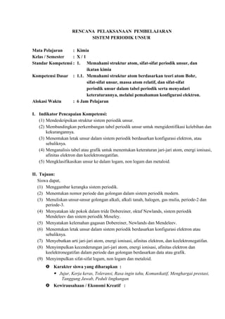 RENCANA PELAKSANAAN PEMBELAJARAN
SISTEM PERIODIK UNSUR
Mata Pelajaran : Kimia
Kelas / Semester : X / 1
Standar Kompetensi : 1. Memahami struktur atom, sifat-sifat periodik unsur, dan
ikatan kimia
Kompetensi Dasar : 1.1. Memahami struktur atom berdasarkan teori atom Bohr,
sifat-sifat unsur, massa atom relatif, dan sifat-sifat
periodik unsur dalam tabel periodik serta menyadari
keteraturannya, melalui pemahaman konfigurasi elektron.
Alokasi Waktu : 6 Jam Pelajaran
I. Indikator Pencapaian Kompetensi:
(1) Mendeskripsikan struktur sistem periodik unsur.
(2) Membandingkan perkembangan tabel periodik unsur untuk mengidentifikasi kelebihan dan
kekurangannya.
(3) Menentukan letak unsur dalam sistem periodik berdasarkan konfigurasi elektron, atau
sebaliknya.
(4) Menganalisis tabel atau grafik untuk menentukan keteraturan jari-jari atom, energi ionisasi,
afinitas elektron dan keelektronegatifan.
(5) Mengklasifikasikan unsur ke dalam logam, non logam dan metaloid.
II. Tujuan:
Siswa dapat,
(1) Menggambar kerangka sistem periodik.
(2) Menentukan nomor periode dan golongan dalam sistem periodik modern.
(3) Menuliskan unsur-unsur golongan alkali, alkali tanah, halogen, gas mulia, periode-2 dan
periode-3.
(4) Menyatakan ide pokok dalam tride Dobereiner, oktaf Newlands, sistem periodik
Mendeleev dan sistem periodik Moseley.
(5) Menyatakan kelemahan gagasan Dobereiner, Newlands dan Mendeleev.
(6) Menentukan letak unsur dalam sistem periodik berdasarkan konfigurasi elektron atau
sebaliknya.
(7) Menyebutkan arti jari-jari atom, energi ionisasi, afinitas elektron, dan keelektronegatifan.
(8) Menyimpulkan kecenderungan jari-jari atom, energi ionisasi, afinitas elektron dan
keelektronegatifan dalam periode dan golongan berdasarkan data atau grafik.
(9) Menyimpulkan sifat-sifat logam, non logam dan metaloid.
 Karakter siswa yang diharapkan :
 Jujur, Kerja keras, Toleransi, Rasa ingin tahu, Komunikatif, Menghargai prestasi,
Tanggung Jawab, Peduli lingkungan
 Kewirausahaan / Ekonomi Kreatif :
 