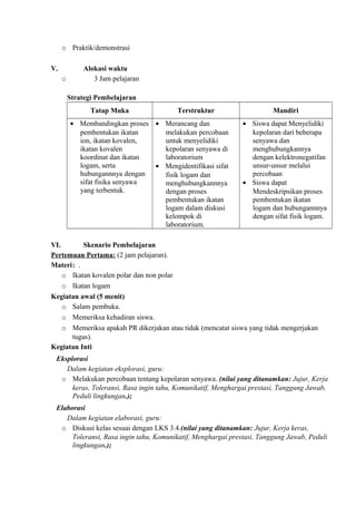 o Praktik/demonstrasi
V. Alokasi waktu
o 3 Jam pelajaran
Strategi Pembelajaran
Tatap Muka Terstruktur Mandiri
• Membandingkan proses
pembentukan ikatan
ion, ikatan kovalen,
ikatan kovalen
koordinat dan ikatan
logam, serta
hubungannnya dengan
sifat fisika senyawa
yang terbentuk.
• Merancang dan
melakukan percobaan
untuk menyelidiki
kepolaran senyawa di
laboratorium
• Mengidentifikasi sifat
fisik logam dan
menghubungkannnya
dengan proses
pembentukan ikatan
logam dalam diskusi
kelompok di
laboratorium.
• Siswa dapat Menyelidiki
kepolaran dari beberapa
senyawa dan
menghubungkannya
dengan kelektronegatifan
unsur-unsur melalui
percobaan
• Siswa dapat
Mendeskripsikan proses
pembentukan ikatan
logam dan hubungannnya
dengan sifat fisik logam.
VI. Skenario Pembelajaran
Pertemuan Pertama: (2 jam pelajaran).
Materi: .
o Ikatan kovalen polar dan non polar
o Ikatan logam
Kegiatan awal (5 menit)
o Salam pembuka.
o Memeriksa kehadiran siswa.
o Memeriksa apakah PR dikerjakan atau tidak (mencatat siswa yang tidak mengerjakan
tugas).
Kegiatan Inti
Eksplorasi
Dalam kegiatan eksplorasi, guru:
o Melakukan percobaan tentang kepolaran senyawa. (nilai yang ditanamkan: Jujur, Kerja
keras, Toleransi, Rasa ingin tahu, Komunikatif, Menghargai prestasi, Tanggung Jawab,
Peduli lingkungan.);
Elaborasi
Dalam kegiatan elaborasi, guru:
o Diskusi kelas sesuai dengan LKS 3.4.(nilai yang ditanamkan: Jujur, Kerja keras,
Toleransi, Rasa ingin tahu, Komunikatif, Menghargai prestasi, Tanggung Jawab, Peduli
lingkungan.);
 