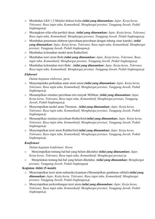 o Membahas LKS 1.2 Melalui diskusi kelas.(nilai yang ditanamkan: Jujur, Kerja keras,
Toleransi, Rasa ingin tahu, Komunikatif, Menghargai prestasi, Tanggung Jawab, Peduli
lingkungan.);
o Merangkum sifat-sifat partikel dasar. (nilai yang ditanamkan: Jujur, Kerja keras, Toleransi,
Rasa ingin tahu, Komunikatif, Menghargai prestasi, Tanggung Jawab, Peduli lingkungan.);
o Membahas penemuan elektron (percobaan-percobaan dengan tabung sinar katode). (nilai
yang ditanamkan: Jujur, Kerja keras, Toleransi, Rasa ingin tahu, Komunikatif, Menghargai
prestasi, Tanggung Jawab, Peduli lingkungan.);
o Membahas kelemahan model atom Rutherford.
o Membahas teori atom Bohr.(nilai yang ditanamkan: Jujur, Kerja keras, Toleransi, Rasa
ingin tahu, Komunikatif, Menghargai prestasi, Tanggung Jawab, Peduli lingkungan.);
o Membahas kelemahan teori Bohr . (nilai yang ditanamkan: Jujur, Kerja keras, Toleransi,
Rasa ingin tahu, Komunikatif, Menghargai prestasi, Tanggung Jawab, Peduli lingkungan.);
Elaborasi
Dalam kegiatan elaborasi, guru:
o Menyimpulakn perbedaan antar atom unsur.(nilai yang ditanamkan: Jujur, Kerja keras,
Toleransi, Rasa ingin tahu, Komunikatif, Menghargai prestasi, Tanggung Jawab, Peduli
lingkungan.);
o Menampilkan simulasi percobaan tets minyak Millikan. (nilai yang ditanamkan: Jujur,
Kerja keras, Toleransi, Rasa ingin tahu, Komunikatif, Menghargai prestasi, Tanggung
Jawab, Peduli lingkungan.);
o Menyimpulkan model atom Thomson.. (nilai yang ditanamkan: Jujur, Kerja keras,
Toleransi, Rasa ingin tahu, Komunikatif, Menghargai prestasi, Tanggung Jawab, Peduli
lingkungan.);
o Menampilkan simulasi percobaan Rutherford.(nilai yang ditanamkan: Jujur, Kerja keras,
Toleransi, Rasa ingin tahu, Komunikatif, Menghargai prestasi, Tanggung Jawab, Peduli
lingkungan.);
o Menyimpulkan teori atom Ruthherford.(nilai yang ditanamkan: Jujur, Kerja keras,
Toleransi, Rasa ingin tahu, Komunikatif, Menghargai prestasi, Tanggung Jawab, Peduli
lingkungan.);
Konfirmasi
Dalam kegiatan konfirmasi, Siswa:
o Menyimpulkan tentang hal-hal yang belum diketahui (nilai yang ditanamkan: Jujur,
Kerja keras, Toleransi, Rasa ingin tahu, Komunikatif, Menghargai prestasi.);
o Menjelaskan tentang hal-hal yang belum diketahui. (nilai yang ditanamkan: Menghargai
prestasi, Tanggung Jawab, Peduli lingkungan)
Kegiatan Akhir (5 menit)
o Menyimpulkan teori atom mekanika kuantum (Menampilkan gambaran orbital).(nilai yang
ditanamkan: Jujur, Kerja keras, Toleransi, Rasa ingin tahu, Komunikatif, Menghargai
prestasi, Tanggung Jawab, Peduli lingkungan.);
o Menyimpulkan perkembangan teori atom.(nilai yang ditanamkan: Jujur, Kerja keras,
Toleransi, Rasa ingin tahu, Komunikatif, Menghargai prestasi, Tanggung Jawab, Peduli
lingkungan.);
 