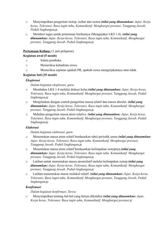 o Menyimpulkan pengertian isotop, isobar dan isoton.(nilai yang ditanamkan: Jujur, Kerja
keras, Toleransi, Rasa ingin tahu, Komunikatif, Menghargai prestasi, Tanggung Jawab,
Peduli lingkungan.);
o Memberi tugas untuk pertemuan berikutnya (Mengejakar LKS 1.4). (nilai yang
ditanamkan: Jujur, Kerja keras, Toleransi, Rasa ingin tahu, Komunikatif, Menghargai
prestasi, Tanggung Jawab, Peduli lingkungan.);
Pertemuan Kelima: (1 jam pelajaran)
Kegiatan awal (5 menit)
o Salam pembuka
o Memeriksa kehadiran siswa.
o Memeriksa sepintas apakah PR, apakah siswa mengerjakannya atau tidak.
Kegiatan Inti (35 menit)
Eksplorasi
Dalam kegiatan eksplorasi, guru:
o Membahas LKS 1.4 melalui diskusi kelas.(nilai yang ditanamkan: Jujur, Kerja keras,
Toleransi, Rasa ingin tahu, Komunikatif, Menghargai prestasi, Tanggung Jawab, Peduli
lingkungan.);
o Menjelaskan dengan contoh pengertian massa relatif dan massa aboslut. (nilai yang
ditanamkan: Jujur, Kerja keras, Toleransi, Rasa ingin tahu, Komunikatif, Menghargai
prestasi, Tanggung Jawab, Peduli lingkungan.);
o Mebahas pengertian massa atom relative. (nilai yang ditanamkan: Jujur, Kerja keras,
Toleransi, Rasa ingin tahu, Komunikatif, Menghargai prestasi, Tanggung Jawab, Peduli
lingkungan.);
Elaborasi
Dalam kegiatan elaborasi, guru:
o Menentukan massa atom relatif berdasarkan tabel periodik unsur.(nilai yang ditanamkan:
Jujur, Kerja keras, Toleransi, Rasa ingin tahu, Komunikatif, Menghargai prestasi,
Tanggung Jawab, Peduli lingkungan.);
o Menentukan massa atom relatif berdasarkan kelimpahan isotopnya.(nilai yang
ditanamkan: Jujur, Kerja keras, Toleransi, Rasa ingin tahu, Komunikatif, Menghargai
prestasi, Tanggung Jawab, Peduli lingkungan.);
o Latihan untuk menentukan massa atomrelatif melalui kelimpahan isotop.(nilai yang
ditanamkan: Jujur, Kerja keras, Toleransi, Rasa ingin tahu, Komunikatif, Menghargai
prestasi, Tanggung Jawab, Peduli lingkungan.);
o Latihan menentukan massa molekul relatif. (nilai yang ditanamkan: Jujur, Kerja keras,
Toleransi, Rasa ingin tahu, Komunikatif, Menghargai prestasi, Tanggung Jawab, Peduli
lingkungan.);
Konfirmasi
Dalam kegiatan konfirmasi, Siswa:
o Menyimpulkan tentang hal-hal yang belum diketahui (nilai yang ditanamkan: Jujur,
Kerja keras, Toleransi, Rasa ingin tahu, Komunikatif, Menghargai prestasi.);
 