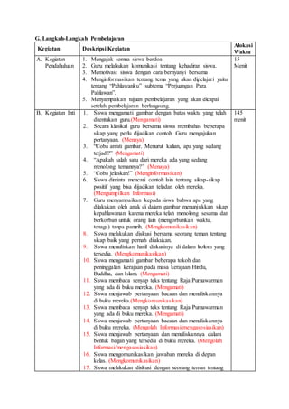 G. Langkah-Langkah Pembelajaran 
Kegiatan Deskripsi Kegiatan 
Alokasi 
Waktu 
A. Kegiatan 
Pendahuluan 
1. Mengajak semua siswa berdoa 
2. Guru melakukan komunikasi tentang kehadiran siswa. 
3. Memotivasi siswa dengan cara bernyanyi bersama 
4. Menginformasikan tentang tema yang akan dipelajari yaitu 
tentang “Pahlawanku” subtema “Perjuangan Para 
Pahlawan”. 
5. Menyampaikan tujuan pembelajaran yang akan dicapai 
setelah pembelajaran berlangsung. 
15 
Menit 
B. Kegiatan Inti 
1. Siswa mengamati gambar dengan batas waktu yang telah 
ditentukan guru.(Mengamati) 
2. Secara klasikal guru bersama siswa membahas beberapa 
sikap yang perlu dijadikan contoh. Guru mengajukan 
pertanyaan. (Menaya) 
3. “Coba amati gambar. Menurut kalian, apa yang sedang 
terjadi?” (Mengamati) 
4. “Apakah salah satu dari mereka ada yang sedang 
menolong temannya?” (Menaya) 
5. “Coba jelaskan!” (Menginformasikan) 
6. Siswa diminta mencari contoh lain tentang sikap-sikap 
positif yang bisa dijadikan teladan oleh mereka. 
(Mengumpilkan Informasi) 
7. Guru menyampaikan kepada siswa bahwa apa yang 
dilakukan oleh anak di dalam gambar menunjukkan sikap 
kepahlawanan karena mereka telah menolong sesama dan 
berkorban untuk orang lain (mengorbankan waktu, 
tenaga) tanpa pamrih. (Mengkomunikasikan) 
8. Siswa melakukan diskusi bersama seorang teman tentang 
sikap baik yang pernah dilakukan. 
9. Siswa menuliskan hasil diskusinya di dalam kolom yang 
tersedia. (Mengkomunikasikan) 
10. Siswa mengamati gambar beberapa tokoh dan 
peninggalan kerajaan pada masa kerajaan Hindu, 
Buddha, dan Islam. (Mengamati) 
11. Siswa membaca senyap teks tentang Raja Purnawarman 
yang ada di buku mereka. (Mengamati) 
12. Siswa menjawab pertanyaan bacaan dan menuliskannya 
di buku mereka.(Mengkomunikasikan) 
13. Siswa membaca senyap teks tentang Raja Purnawarman 
yang ada di buku mereka. (Mengamati) 
14. Siswa menjawab pertanyaan bacaan dan menuliskannya 
di buku mereka. (Mengolah Informasi/mengasosiasikan) 
15. Siswa menjawab pertanyaan dan menuliskannya dalam 
bentuk bagan yang tersedia di buku mereka. (Mengolah 
Informasi/mengasosiasikan) 
16. Siswa mengomunikasikan jawaban mereka di depan 
kelas. (Mengkomunikasikan) 
17. Siswa melakukan diskusi dengan seorang teman tentang 
145 
menit 
 