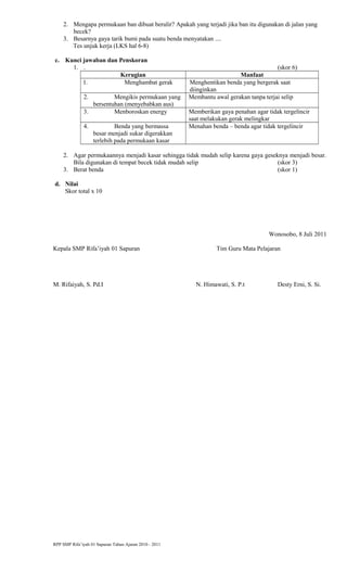 2. Mengapa permukaan ban dibuat berulir? Apakah yang terjadi jika ban itu digunakan di jalan yang
becek?
3. Besarnya gaya tarik bumi pada suatu benda menyatakan ....
Tes unjuk kerja (LKS hal 6-8)
c. Kunci jawaban dan Penskoran
1. . (skor 6)
Kerugian Manfaat
1. Menghambat gerak Menghentikan benda yang bergerak saat
diinginkan
2. Mengikis permukaan yang
bersentuhan (menyebabkan aus)
Membantu awal gerakan tanpa terjai selip
3. Menboroskan energy Memberikan gaya penahan agar tidak tergelincir
saat melakukan gerak melingkar
4. Benda yang bermassa
besar menjadi sukar digerakkan
terlebih pada permukaan kasar
Menahan benda – benda agar tidak tergelincir
2. Agar permukaannya menjadi kasar sehingga tidak mudah selip karena gaya geseknya menjadi besar.
Bila digunakan di tempat becek tidak mudah selip (skor 3)
3. Berat benda (skor 1)
d. Nilai
Skor total x 10
Wonosobo, 8 Juli 2011
Kepala SMP Rifa’iyah 01 Sapuran Tim Guru Mata Pelajaran
M. Rifaiyah, S. Pd.I N. Himawati, S. P.t Desty Erni, S. Si.
RPP SMP Rifa’iyah 01 Sapuran Tahun Ajaran 2010 - 2011
 