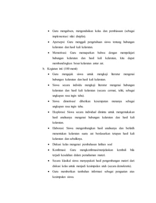  Guru mengabsen, mengondisikan kelas dan pembiasaan (sebagai 
implementasi nilai disiplin). 
 Apersepsi: Guru menggali pengetahuan siswa tentang hubungan 
kelarutan dan hasil kali kelarutan. 
 Memotivasi: Guru memaparkan bahwa dengan mempelajari 
hubungan kelarutan dan hasil kali kelarutan, kita dapat 
membandingkan besar kelarutan antar zat. 
b. Kegiatan inti (100 menit) 
 Guru mengajak siswa untuk mengkaji literatur mengenai 
hubungan kelarutan dan hasil kali kelarutan. 
 Siswa secara individu mengkaji literatur mengenai hubungan 
kelarutan dan hasil kali kelarutan (secara cermat, teliti, sebagai 
ungkapan rasa ingin tahu). 
 Siswa dimotivasi/ diberikan kesempatan menanya sebagai 
ungkapan rasa ingin tahu. 
 Eksplorasi: Siswa secara individual diminta untuk mengemukakan 
hasil analisanya mengenai hubungan kelarutan dan hasil kali 
kelarutan. 
 Elaborasi: Siswa mengembangkan hasil analisanya dan berlatih 
menentukan kelarutan suatu zat berdasarkan tetapan hasil kali 
kelarutan dan sebaliknya. 
 Diskusi kelas mengenai pembahasan latihan soal 
 Konfirmasi: Guru mengkonfirmasi/menjelaskan kembali bila 
terjadi kesalahan dalam pemahaman materi. 
 Secara klasikal siswa menyepakati hasil pengembangan materi dari 
diskusi kelas untuk menjadi kesimpulan utuh (secara demokratis). 
 Guru memberikan tambahan informasi sebagai penguatan atas 
kesimpulan siswa. 
 