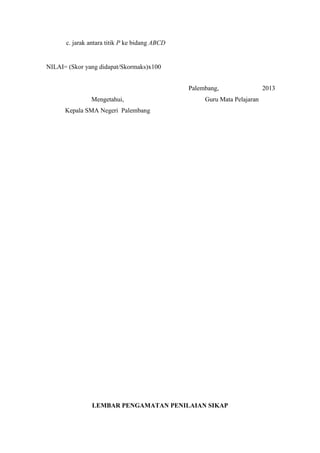 c. jarak antara titik P ke bidang ABCD

NILAI= (Skor yang didapat/Skormaks)x100
Palembang,
Mengetahui,

Guru Mata Pelajaran

Kepala SMA Negeri Palembang

LEMBAR PENGAMATAN PENILAIAN SIKAP

2013

 