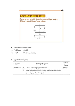 Jarak Dua Bidang Sejajar
Panjang ruas garis PQ ditetapkan sebagai jarak antara
bidang dan bidang yang sejajar.

P

Q

k

F. Model/Metode Pembelajaran
1. Pendekatan

: sientific

2. Metode

: Discovery Learning

G. Kegiatan Pembelajaran
Kegiatan
Pendahuluan

Deskripsi Kegiatan
1. Berdo’a sebelum pelajaran dimulai.
2. Guru menginformasikan tentang pentingnya memahami
geometri yang akan dipelajari.

Alokasi
Waktu
10 menit

 