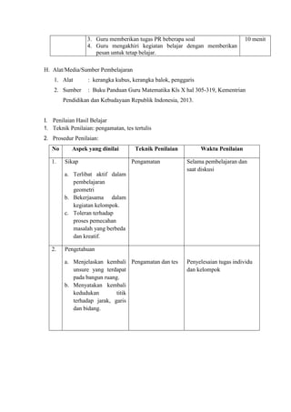 3. Guru memberikan tugas PR beberapa soal
4. Guru mengakhiri kegiatan belajar dengan memberikan
pesan untuk tetap belajar.

10 menit

H. Alat/Media/Sumber Pembelajaran
1. Alat

: kerangka kubus, kerangka balok, penggaris

2. Sumber

: Buku Panduan Guru Matematika Kls X hal 305-319, Kementrian

Pendidikan dan Kebudayaan Republik Indonesia, 2013.

I. Penilaian Hasil Belajar
1. Teknik Penilaian: pengamatan, tes tertulis
2. Prosedur Penilaian:
No
1.

Aspek yang dinilai
Sikap

Teknik Penilaian
Pengamatan

a. Terlibat aktif dalam
pembelajaran
geometri
b. Bekerjasama dalam
kegiatan kelompok.
c. Toleran terhadap
proses pemecahan
masalah yang berbeda
dan kreatif.
2.

Waktu Penilaian
Selama pembelajaran dan
saat diskusi

Pengetahuan
a. Menjelaskan kembali Pengamatan dan tes
unsure yang terdapat
pada bangun ruang.
b. Menyatakan kembali
kedudukan
titik
terhadap jarak, garis
dan bidang.

Penyelesaian tugas individu
dan kelompok

 