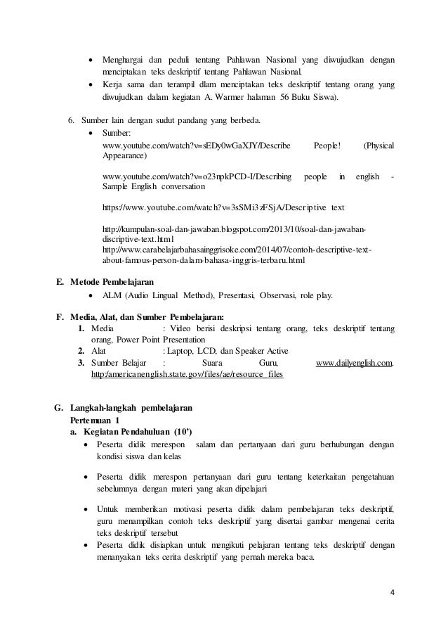 Rpp Bahasa Inggris Tentang Descriptive Text Kurikulum 2013
