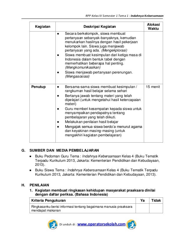 Rpp Kurikulum 2013 Sd Kelas 4 Iv Semester 1 Tema 1 Indahnya