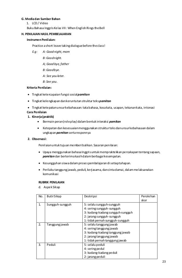Rpp kurtilas bahasa inggris kls 7 lengkap