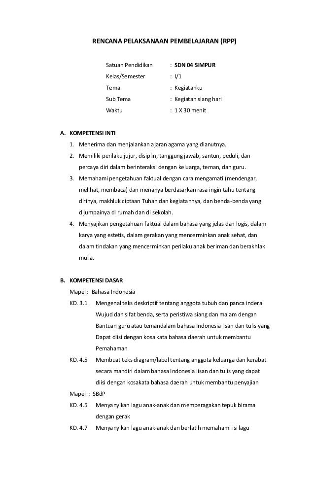 Rpp Kelas 1 Kurikulum 2013 Tema Kegiatanku Sub Tema