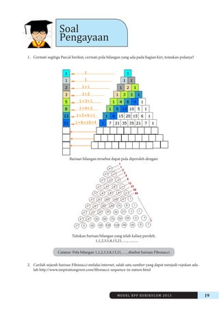 MODEL RPP KURIKULUM 2013 19 
Soal 
Pengayaan 
1. Cermati segitiga Pascal berikut, cermati pola bilangan yang ada pada bagian kiri, temukan polanya? 
Barisan bilangan tersebut dapat pula diperoleh dengan: 
Tuliskan barisan bilangan yang telah kalian peroleh. 
1,1,2,3,5,8,13,21, ...., ...., .... 
Catatan: Pola bilangan 1,1,2,3,5,8,13,21, ... , disebut barisan Fibonacci 
2. Carilah sejarah barisan Fibonacci melalui internet, salah satu sumber yang dapat menjadi rujukan adalah 
http://www.inspirationgreen.com/fibonacci-sequence-in-nature.html 
 