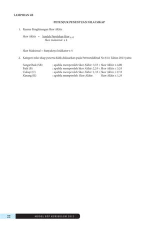 22 MODEL RPP KURIKULUM 2013 
LAMPIRAN 4B 
PETUNJUK PENENTUAN NILAI SIKAP 
1. Rumus Penghitungan Skor Akhir 
Skor Akhir = Jumlah Perolehan Skor x 4 
Skor maksimal x 4 
Skor Maksimal = Banyaknya Indikator x 4 
2. Kategori nilai sikap peserta didik didasarkan pada Permendikbud No 81A Tahun 2013 yaitu: 
Sangat Baik (SB) : apabila memperoleh Skor Akhir: 3,33 < Skor Akhir ≤ 4,00 
Baik (B) : apabila memperoleh Skor Akhir: 2,33 < Skor Akhir ≤ 3,33 
Cukup (C) : apabila memperoleh Skor Akhir: 1,33 < Skor Akhir ≤ 2,33 
Kurang (K) : apabila memperoleh Skor Akhir: Skor Akhir ≤ 1,33 
 