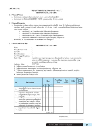 MODEL RPP KURIKULUM 2013 27 
LAMPIRAN 5C 
INSTRUMENPENILAIANSIKAP SOSIAL 
(LEMBAR PENILAIAN DIRI) 
D. Petunjuk Umum 
3. Instrumen penilaian sikap sosial ini berupa Lembar Penilaian Diri. 
4. Instrumen ini diisi oleh PESERTA DIDIK untuk menilai dirinya sendiri. 
E. Petunjuk Pengisian 
1. Berdasarkan perilaku kalian selama dua minggu terakhir, nilailah sikap diri kalian sendiri dengan 
memberi tanda centang (√) pada kolom skor 4, 3, 2, atau 1 pada Lembar Penilaian Diri dengan ketentuan 
sebagai berikut: 
4 = apabilaSELALUmelakukanperilaku yang dinyatakan 
3 = apabilaSERINGmelakukanperilaku yang dinyatakan 
2 = apabilaKADANG-KADANGmelakukanperilakudinyatakan 
1 = apabilaTIDAKPERNAHmelakukanperilaku yang dinyatakan 
2. Kolom SKOR AKHIR dan KETUNTASAN diisi oleh guru. 
F. Lembar Penilaian Diri 
LEMBAR PENILAIAN DIRI 
Nama : ... 
Kelas/Nomor Urut : … 
Semester : ... 
TahunPelajaran : … 
Hari/TanggalPengisian : … 
Butir Nilai : Memiliki rasa ingin tahu, percaya diri, dan ketertarikan pada matematika 
serta memiliki rasa percaya pada daya dan kegunaan matematika, yang 
terbentuk melalui pengalaman belajar 
Indikator Sikap : CONTOH 
1. Sukabertanya selama proses pembelajaran 
2. Sukamengamati sesuatu yang berhubungan dengan pola yang ada 
3. Tidakmenggantungkan diri pada orang lain/mandiri dalam menyelesaikan masalah yang berhubungan 
dengan pola bilangan 
4. Berani presentasi di depan kelas 
No. Pernyataan 
Skor Perolehan 
Skor 
Skor 
Akhir Nilai 
Tuntas/ 
Tidak 
Tuntas 
1 2 3 4 
1. Sayasuka bertanya selama proses 
pembelajaran. 
2. 
Saya suka mengamati sesuatu 
yang berhubungandengan pola 
yang ada. 
3. 
Saya tidak menggantungkan diri 
pada orang lain/mandiri dalam 
menyelesaikan masalah yang berhubungan 
dengan pola bilangan. 
4. Saya berani presentasi di depankelas. 
JUMLAH 
Peserta didik, 
_____________________________ 
 