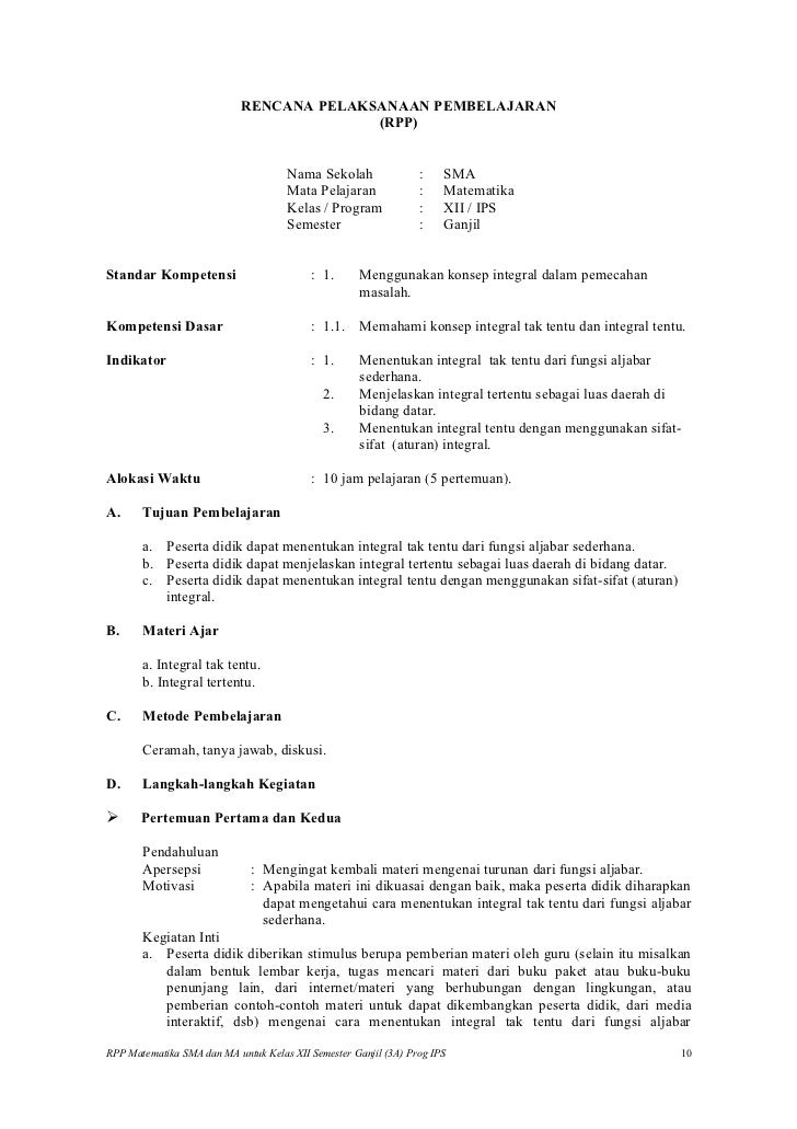 Rpp Matematika Sma Integral Ips