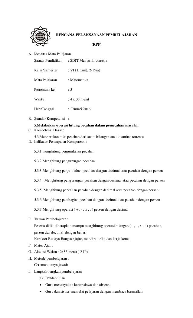 Rpp Matematika Kelas 6 Semester 2