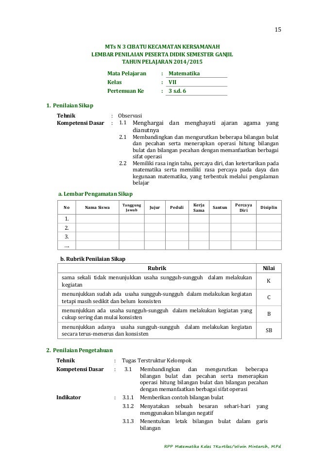 RPP Matematika Kelas 7 Kurtilas Semester 1 2014 2015