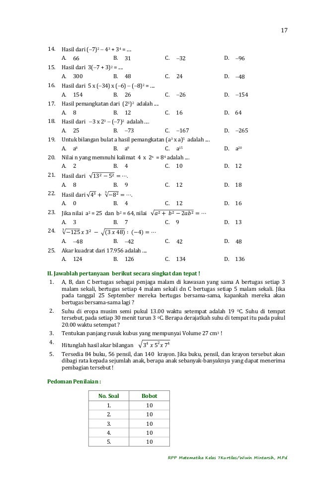 Rpp Matematika Kelas 7 Kurtilas Semester 1 2014 2015