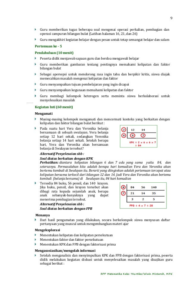 RPP Matematika Kelas 7 Kurtilas Semester 1 2014 2015