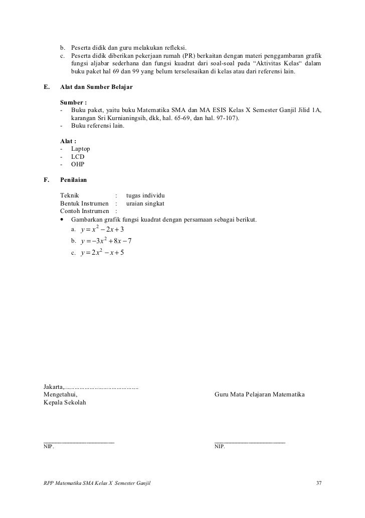 Rpp matematika (persamaan, pertidaksamaan dan fungsi kuadrat)