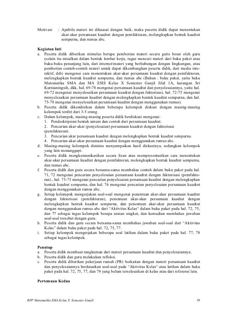 Rpp matematika (persamaan, pertidaksamaan dan fungsi kuadrat)