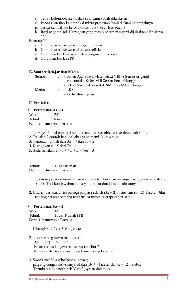 Rpp matematika smp kelas 8