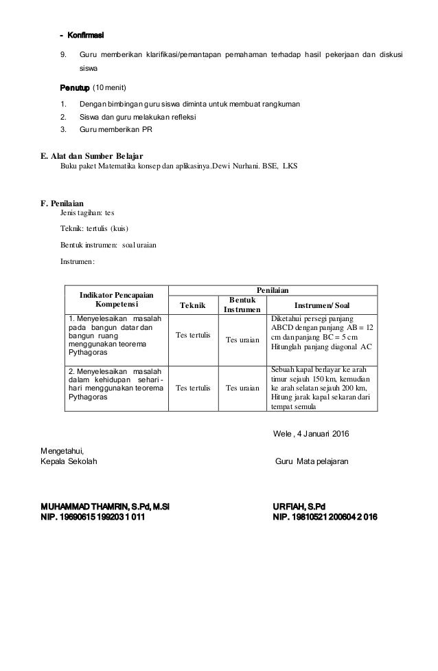 Rpp Matematika Smp Kelas Viii Genap 2016 2017