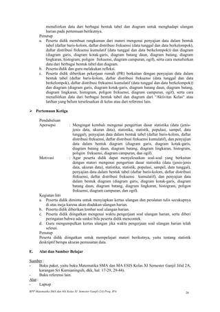menafsirkan data dari berbagai bentuk tabel dan diagram untuk menghadapi ulangan
          harian pada pertemuan berikutnya.
       Penutup
       a. Peserta didik membuat rangkuman dari materi mengenai penyajian data dalam bentuk
          tabel (daftar baris-kolom, daftar distribusi frekuensi (data tunggal dan data berkelompok),
          daftar distribusi frekuensi kumulatif (data tunggal dan data berkelompok)) dan diagram
          (diagram garis, diagram kotak-garis, diagram batang daun, diagram batang, diagram
          lingkaran, histogram, poligon frekuensi, diagram campuran, ogif), serta cara menafsirkan
          data dari berbagai bentuk tabel dan diagram.
       b. Peserta didik dan guru melakukan refleksi.
       c. Peserta didik diberikan pekerjaan rumah (PR) berkaitan dengan penyajian data dalam
          bentuk tabel (daftar baris-kolom, daftar distribusi frekuensi (data tunggal dan data
          berkelompok), daftar distribusi frekuensi kumulatif (data tunggal dan data berkelompok))
          dan diagram (diagram garis, diagram kotak-garis, diagram batang daun, diagram batang,
          diagram lingkaran, histogram, poligon frekuensi, diagram campuran, ogif), serta cara
          menafsirkan data dari berbagai bentuk tabel dan diagram dari “Aktivitas Kelas“ atau
          latihan yang belum terselesaikan di kelas atau dari referensi lain.

 Pertemuan Ketiga

       Pendahuluan
       Apersepsi             : Mengingat kembali mengenai pengertian dasar statistika (data (jenis-
                               jenis data, ukuran data), statistika, statistik, populasi, sampel, data
                               tunggal), penyajian data dalam bentuk tabel (daftar baris-kolom, daftar
                               distribusi frekuensi, daftar distribusi frekuensi kumulatif), dan penyajian
                               data dalam bentuk diagram (diagram garis, diagram kotak-garis,
                               diagram batang daun, diagram batang, diagram lingkaran, histogram,
                               poligon frekuensi, diagram campuran, dan ogif).
       Motivasi              : Agar peserta didik dapat menyelesaikan soal-soal yang berkaitan
                               dengan materi mengenai pengertian dasar statistika (data (jenis-jenis
                               data, ukuran data), statistika, statistik, populasi, sampel, data tunggal),
                               penyajian data dalam bentuk tabel (daftar baris-kolom, daftar distribusi
                               frekuensi, daftar distribusi frekuensi kumulatif), dan penyajian data
                               dalam bentuk diagram (diagram garis, diagram kotak-garis, diagram
                               batang daun, diagram batang, diagram lingkaran, histogram, poligon
                               frekuensi, diagram campuran, dan ogif).
       Kegiatan Inti
       a. Peserta didik diminta untuk menyiapkan kertas ulangan dan peralatan tulis secukupnya
           di atas meja karena akan diadakan ulangan harian.
       b. Peserta didik diberikan lembar soal ulangan harian.
       c. Peserta didik diingatkan mengenai waktu pengerjaan soal ulangan harian, serta diberi
           peringatan bahwa ada sanksi bila peserta didik mencontek.
       d. Guru mengumpulkan kertas ulangan jika waktu pengerjaan soal ulangan harian telah
           selesai.
       Penutup
       Peserta didik diingatkan untuk mempelajari materi berikutnya, yaitu tentang statistik
       deskriptif berupa ukuran pemusatan data.

E.     Alat dan Sumber Belajar

Sumber :
-      Buku paket, yaitu buku Matematika SMA dan MA ESIS Kelas XI Semester Ganjil Jilid 2A,
       karangan Sri Kurnianingsih, dkk, hal. 17-29, 29-44).
-      Buku referensi lain.
Alat :
-      Laptop
RPP Matematika SMA dan MA Kelas XI Semester Ganjil (2A) Prog. IPA                                     28
 