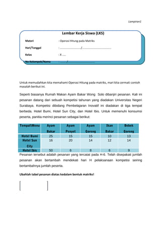 Lampiran1 
Lembar Kerja Siswa (LKS) 
Materi : Operasi Hitung pada Matriks 
Hari/Tanggal : ............................/....................................... 
Kelas : X ..... 
No Kelompok/Nama : ........./.................................... 
Untuk memudahkan kita memahami Operasi Hitung pada matriks, mari kita cermati contoh 
masalah berikut ini. 
Seperti biasanya Rumah Makan Ayam Bakar Wong Solo dibanjiri pesanan. Kali ini 
pesanan datang dari sebuah kompetisi tahunan yang diadakan Universitas Negeri 
Surabaya. Kompetisi dibidang Pembelajaran Inovatif ini diadakan di tiga tempat 
berbeda. Hotel Bumi, Hotel Sun City, dan Hotel Ibis. Untuk memenuhi konsumsi 
peserta, panitia merinci pesanan sebagai berikut: 
TempatMenu Ayam 
Bakar 
Ayam 
Penyet 
Ayam 
Goreng 
Ikan 
Bakar 
Bebek 
Goreng 
Hotel Bumi 25 15 15 10 13 
Hotel Sun 
City 
16 20 14 12 14 
Hotel Ibis 50 6 8 6 9 
Pesanan tersebut adalah pesanan yang tercatat pada H-6. Telah disepakati jumlah 
pesanan akan bertambah mendekati hari H pelaksanaan kompetisi seiring 
bertambahnya jumlah peserta. 
Ubahlah tabel pesanan diatas kedalam bentuk matriks! 
 