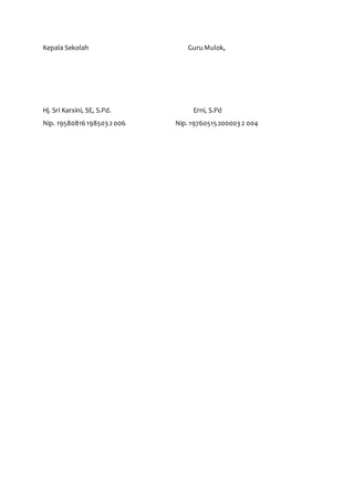 Kepala Sekolah Guru Mulok, 
Hj. Sri Karsini, SE, S.Pd. Erni, S.Pd 
Nip. 19580816 198503 2 006 Nip. 19760515 200003 2 004 
