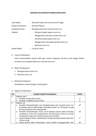 Rpp merawat pakaian | DOCX
