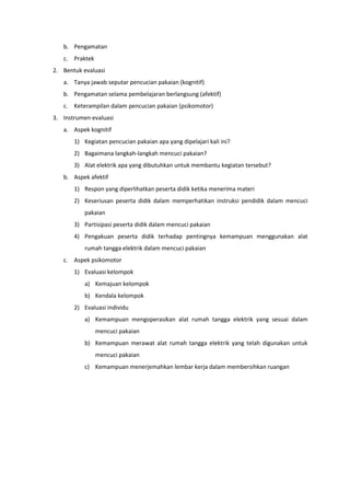 b. Pengamatan
c. Praktek
2. Bentuk evaluasi
a. Tanya jawab seputar pencucian pakaian (kognitif)
b. Pengamatan selama pembelajaran berlangsung (afektif)
c. Keterampilan dalam pencucian pakaian (psikomotor)
3. Instrumen evaluasi
a. Aspek kognitif
1) Kegiatan pencucian pakaian apa yang dipelajari kali ini?
2) Bagaimana langkah-langkah mencuci pakaian?
3) Alat elektrik apa yang dibutuhkan untuk membantu kegiatan tersebut?
b. Aspek afektif
1) Respon yang diperlihatkan peserta didik ketika menerima materi
2) Keseriusan peserta didik dalam memperhatikan instruksi pendidik dalam mencuci
pakaian
3) Partisipasi peserta didik dalam mencuci pakaian
4) Pengakuan peserta didik terhadap pentingnya kemampuan menggunakan alat
rumah tangga elektrik dalam mencuci pakaian
c. Aspek psikomotor
1) Evaluasi kelompok
a) Kemajuan kelompok
b) Kendala kelompok
2) Evaluasi individu
a) Kemampuan mengoperasikan alat rumah tangga elektrik yang sesuai dalam
mencuci pakaian
b) Kemampuan merawat alat rumah tangga elektrik yang telah digunakan untuk
mencuci pakaian
c) Kemampuan menerjemahkan lembar kerja dalam membersihkan ruangan
 