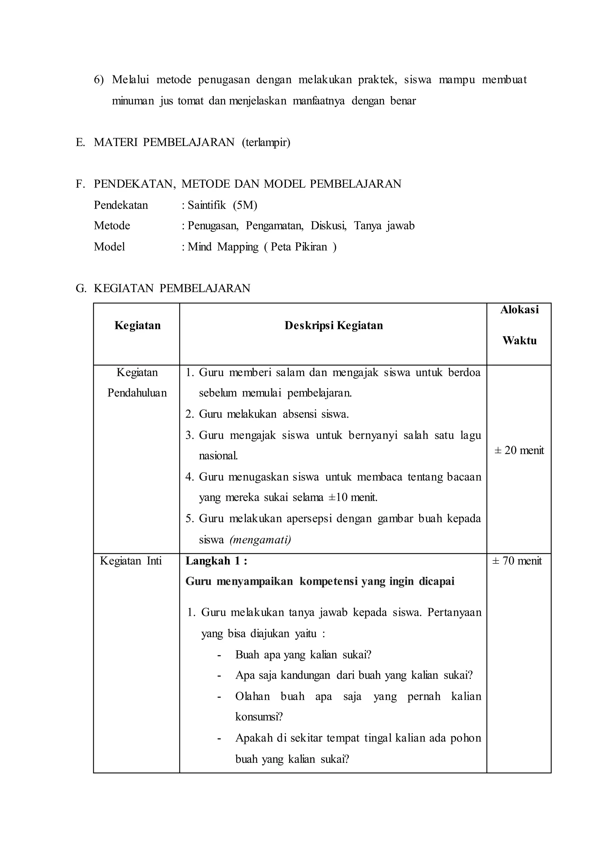 6) Melalui metode penugasan dengan melakukan praktek, siswa mampu membuat
minuman jus tomat dan menjelaskan manfaatnya dengan benar
E. MATERI PEMBELAJARAN (terlampir)
F. PENDEKATAN, METODE DAN MODEL PEMBELAJARAN
Pendekatan : Saintifik (5M)
Metode : Penugasan, Pengamatan, Diskusi, Tanya jawab
Model : Mind Mapping ( Peta Pikiran )
G. KEGIATAN PEMBELAJARAN
Kegiatan Deskripsi Kegiatan
Alokasi
Waktu
Kegiatan
Pendahuluan
1. Guru memberi salam dan mengajak siswa untuk berdoa
sebelum memulai pembelajaran.
2. Guru melakukan absensi siswa.
3. Guru mengajak siswa untuk bernyanyi salah satu lagu
nasional.
4. Guru menugaskan siswa untuk membaca tentang bacaan
yang mereka sukai selama ±10 menit.
5. Guru melakukan apersepsi dengan gambar buah kepada
siswa (mengamati)
± 20 menit
Kegiatan Inti Langkah 1 :
1. Guru menyampaikan kompetensi yang ingin dicapai
1. Guru melakukan tanya jawab kepada siswa. Pertanyaan
yang bisa diajukan yaitu :
- Buah apa yang kalian sukai?
- Apa saja kandungan dari buah yang kalian sukai?
- Olahan buah apa saja yang pernah kalian
konsumsi?
- Apakah di sekitar tempat tingal kalian ada pohon
buah yang kalian sukai?
± 70 menit
 