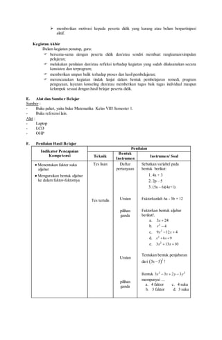  memberikan motivasi kepada peserta didik yang kurang atau belum berpartisipasi
aktif.
Kegiatan Akhir
Dalam kegiatan penutup, guru:
 bersama-sama dengan peserta didik dan/atau sendiri membuat rangkuman/simpulan
pelajaran;
 melakukan penilaian dan/atau refleksi terhadap kegiatan yang sudah dilaksanakan secara
konsisten dan terprogram;
 memberikan umpan balik terhadap proses dan hasil pembelajaran;
 merencanakan kegiatan tindak lanjut dalam bentuk pembelajaran remedi, program
pengayaan, layanan konseling dan/atau memberikan tugas baik tugas individual maupun
kelompok sesuai dengan hasil belajar peserta didik.
E. Alat dan Sumber Belajar
Sumber :
- Buku paket, yaitu buku Matematika Kelas VIII Semester 1.
- Buku referensi lain.
Alat :
- Laptop
- LCD
- OHP
F. Penilaian Hasil Belajar
Indikator Pencapaian
Kompetensi
Penilaian
Teknik
Bentuk
Instrumen
Instrumen/ Soal
 Menentukan faktor suku
aljabar
 Menguraikan bentuk aljabar
ke dalam faktor-faktornya
Tes lisan
Tes tertulis
Daftar
pertanyaan
Uraian
pilihan
ganda
Uraian
pilihan
ganda
Sebutkan variabel pada
bentuk berikut:
1. 4x + 3
2. 2p – 5
3. (5a – 6)(4a+1)
Faktorkanlah 6a - 3b + 12
Faktorkan bentuk aljabar
berikut!.
a. 3 24x 
b. 2
4r 
c. 2
9 12 4x x 
d. 962
 xx
e. 2
3 13 10x x 
Tentukan bentuk penjabaran
dari  2
3 5x  !
Bentuk 2 2
3 3 2 3x x y y  
mempunyai ...
a. 4 faktor c. 4 suku
b. 3 faktor d. 3 suku
 