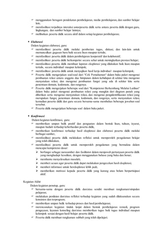  menggunakan beragam pendekatan pembelajaran, media pembelajaran, dan sumber belajar
lain;
 memfasilitasi terjadinya interaksi antarpeserta didik serta antara peserta didik dengan guru,
lingkungan, dan sumber belajar lainnya;
 melibatkan peserta didik secara aktif dalam setiap kegiatan pembelajaran;
 Elaborasi
Dalam kegiatan elaborasi, guru:
 memfasilitasi peserta didik melalui pemberian tugas, diskusi, dan lain-lain untuk
memunculkan gagasan baru baik secara lisan maupun tertulis;
 memfasilitasi peserta didik dalam pembelajaran kooperatif dan kolaboratif;
 memfasilitasi peserta didik berkompetisi secara sehat untuk meningkatkan prestasi belajar;
 memfasilitasi peserta didik membuat laporan eksplorasi yang dilakukan baik lisan maupun
tertulis, secara individual maupun kelompok;
 memfasilitasi peserta didik untuk menyajikan hasil kerja individual maupun kelompok;
 Peserta didik mengerjakan soal-soal dari “Cek Pemahaman“ dalam buku paket mengenai
pembuatan relasi antara anggota dua himpunan dalam kehidupan di sekitar kita mengenai
menyatakan relasi, dan mengenai pembuatan fungsi yang ada di sekitar kita serta
penentuan domain, kodomain, dan rangenya.
 Peserta didik mengerjakan beberapa soal dari “Kompetensi Berkembang Melalui Latihan“
dalam buku paket mengenai pembuatan relasi yang mungkin dari diagram panah yang
diberikan serta mengenai menyatakan relasi, dan mengenai pengidentifikasian relasi yang
merupakan fungsi, penentuan domain, kodomain, dan rangenya, serta menyatakan relasi,
kemudian peserta didik dan guru secara bersama-sama membahas beberapa jawaban soal
tersebut.
 Peserta didik mengerjakan beberapa soal dalam buku paket.
 Konfirmasi
Dalam kegiatan konfirmasi, guru:
 memberikan umpan balik positif dan penguatan dalam bentuk lisan, tulisan, isyarat,
maupun hadiah terhadap keberhasilan peserta didik,
 memberikan konfirmasi terhadap hasil eksplorasi dan elaborasi peserta didik melalui
berbagai sumber,
 memfasilitasi peserta didik melakukan refleksi untuk memperoleh pengalaman belajar
yang telah dilakukan,
 memfasilitasi peserta didik untuk memperoleh pengalaman yang bermakna dalam
mencapai kompetensi dasar:
 berfungsi sebagai narasumber dan fasilitator dalam menjawab pertanyaan peserta didik
yang menghadapi kesulitan, dengan menggunakan bahasa yang baku dan benar;
 membantu menyelesaikan masalah;
 memberi acuan agar peserta didik dapat melakukan pengecekan hasil eksplorasi;
 memberi informasi untuk bereksplorasi lebih jauh;
 memberikan motivasi kepada peserta didik yang kurang atau belum berpartisipasi
aktif.
Kegiatan Akhir
Dalam kegiatan penutup, guru:
 bersama-sama dengan peserta didik dan/atau sendiri membuat rangkuman/simpulan
pelajaran;
 melakukan penilaian dan/atau refleksi terhadap kegiatan yang sudah dilaksanakan secara
konsisten dan terprogram;
 memberikan umpan balik terhadap proses dan hasil pembelajaran;
 merencanakan kegiatan tindak lanjut dalam bentuk pembelajaran remedi, program
pengayaan, layanan konseling dan/atau memberikan tugas baik tugas individual maupun
kelompok sesuai dengan hasil belajar peserta didik.
 Peserta didik membuat rangkuman subbab yang telah dipelajari.
 