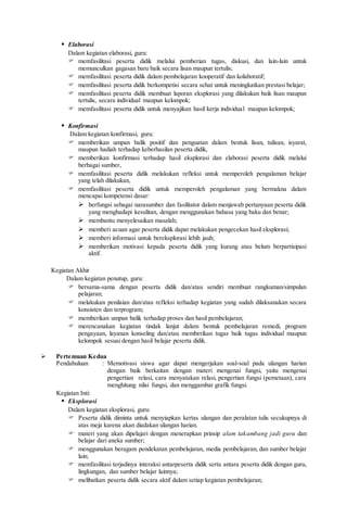  Elaborasi
Dalam kegiatan elaborasi, guru:
 memfasilitasi peserta didik melalui pemberian tugas, diskusi, dan lain-lain untuk
memunculkan gagasan baru baik secara lisan maupun tertulis;
 memfasilitasi peserta didik dalam pembelajaran kooperatif dan kolaboratif;
 memfasilitasi peserta didik berkompetisi secara sehat untuk meningkatkan prestasi belajar;
 memfasilitasi peserta didik membuat laporan eksplorasi yang dilakukan baik lisan maupun
tertulis, secara individual maupun kelompok;
 memfasilitasi peserta didik untuk menyajikan hasil kerja individual maupun kelompok;
 Konfirmasi
Dalam kegiatan konfirmasi, guru:
 memberikan umpan balik positif dan penguatan dalam bentuk lisan, tulisan, isyarat,
maupun hadiah terhadap keberhasilan peserta didik,
 memberikan konfirmasi terhadap hasil eksplorasi dan elaborasi peserta didik melalui
berbagai sumber,
 memfasilitasi peserta didik melakukan refleksi untuk memperoleh pengalaman belajar
yang telah dilakukan,
 memfasilitasi peserta didik untuk memperoleh pengalaman yang bermakna dalam
mencapai kompetensi dasar:
 berfungsi sebagai narasumber dan fasilitator dalam menjawab pertanyaan peserta didik
yang menghadapi kesulitan, dengan menggunakan bahasa yang baku dan benar;
 membantu menyelesaikan masalah;
 memberi acuan agar peserta didik dapat melakukan pengecekan hasil eksplorasi;
 memberi informasi untuk bereksplorasi lebih jauh;
 memberikan motivasi kepada peserta didik yang kurang atau belum berpartisipasi
aktif.
Kegiatan Akhir
Dalam kegiatan penutup, guru:
 bersama-sama dengan peserta didik dan/atau sendiri membuat rangkuman/simpulan
pelajaran;
 melakukan penilaian dan/atau refleksi terhadap kegiatan yang sudah dilaksanakan secara
konsisten dan terprogram;
 memberikan umpan balik terhadap proses dan hasil pembelajaran;
 merencanakan kegiatan tindak lanjut dalam bentuk pembelajaran remedi, program
pengayaan, layanan konseling dan/atau memberikan tugas baik tugas individual maupun
kelompok sesuai dengan hasil belajar peserta didik.
 Pertemuan Kedua
Pendahuluan : Memotivasi siswa agar dapat mengerjakan soal-soal pada ulangan harian
dengan baik berkaitan dengan materi mengenai fungsi, yaitu mengenai
pengertian relasi, cara menyatakan relasi, pengertian fungsi (pemetaan), cara
menghitung nilai fungsi, dan menggambar grafik fungsi.
Kegiatan Inti:
 Eksplorasi
Dalam kegiatan eksplorasi, guru:
 Peserta didik diminta untuk menyiapkan kertas ulangan dan peralatan tulis secukupnya di
atas meja karena akan diadakan ulangan harian.
 materi yang akan dipelajari dengan menerapkan prinsip alam takambang jadi guru dan
belajar dari aneka sumber;
 menggunakan beragam pendekatan pembelajaran, media pembelajaran, dan sumber belajar
lain;
 memfasilitasi terjadinya interaksi antarpeserta didik serta antara peserta didik dengan guru,
lingkungan, dan sumber belajar lainnya;
 melibatkan peserta didik secara aktif dalam setiap kegiatan pembelajaran;
 