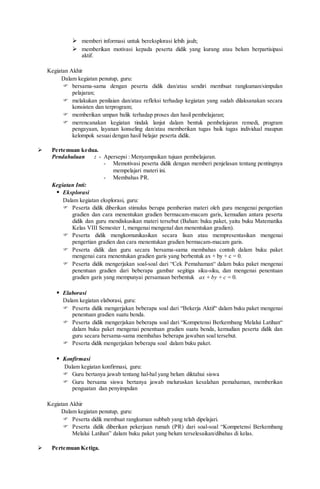  memberi informasi untuk bereksplorasi lebih jauh;
 memberikan motivasi kepada peserta didik yang kurang atau belum berpartisipasi
aktif.
Kegiatan Akhir
Dalam kegiatan penutup, guru:
 bersama-sama dengan peserta didik dan/atau sendiri membuat rangkuman/simpulan
pelajaran;
 melakukan penilaian dan/atau refleksi terhadap kegiatan yang sudah dilaksanakan secara
konsisten dan terprogram;
 memberikan umpan balik terhadap proses dan hasil pembelajaran;
 merencanakan kegiatan tindak lanjut dalam bentuk pembelajaran remedi, program
pengayaan, layanan konseling dan/atau memberikan tugas baik tugas individual maupun
kelompok sesuai dengan hasil belajar peserta didik.
 Pertemuan kedua.
Pendahuluan : - Apersepsi : Menyampaikan tujuan pembelajaran.
- Memotivasi peserta didik dengan memberi penjelasan tentang pentingnya
mempelajari materi ini.
- Membahas PR.
Kegiatan Inti:
 Eksplorasi
Dalam kegiatan eksplorasi, guru:
 Peserta didik diberikan stimulus berupa pemberian materi oleh guru mengenai pengertian
gradien dan cara menentukan gradien bermacam-macam garis, kemudian antara peserta
didik dan guru mendiskusikan materi tersebut (Bahan: buku paket, yaitu buku Matematika
Kelas VIII Semester 1, mengenai mengenal dan menentukan gradien).
 Peserta didik mengkomunikasikan secara lisan atau mempresentasikan mengenai
pengertian gradien dan cara menentukan gradien bermacam-macam garis.
 Peserta didik dan guru secara bersama-sama membahas contoh dalam buku paket
mengenai cara menentukan gradien garis yang berbentuk ax + by + c = 0.
 Peserta didik mengerjakan soal-soal dari “Cek Pemahaman“ dalam buku paket mengenai
penentuan gradien dari beberapa gambar segitiga siku-siku, dan mengenai penentuan
gradien garis yang mempunyai persamaan berbentuk ax + by + c = 0.
 Elaborasi
Dalam kegiatan elaborasi, guru:
 Peserta didik mengerjakan beberapa soal dari “Bekerja Aktif“ dalam buku paket mengenai
penentuan gradien suatu benda.
 Peserta didik mengerjakan beberapa soal dari “Kompetensi Berkembang Melalui Latihan“
dalam buku paket mengenai penentuan gradien suatu benda, kemudian peserta didik dan
guru secara bersama-sama membahas beberapa jawaban soal tersebut.
 Peserta didik mengerjakan beberapa soal dalam buku paket.
 Konfirmasi
Dalam kegiatan konfirmasi, guru:
 Guru bertanya jawab tentang hal-hal yang belum diktahui siswa
 Guru bersama siswa bertanya jawab meluruskan kesalahan pemahaman, memberikan
penguatan dan penyimpulan
Kegiatan Akhir
Dalam kegiatan penutup, guru:
 Peserta didik membuat rangkuman subbab yang telah dipelajari.
 Peserta didik diberikan pekerjaan rumah (PR) dari soal-soal “Kompetensi Berkembang
Melalui Latihan” dalam buku paket yang belum terselesaikan/dibahas di kelas.
 Pertemuan Ketiga.
 
