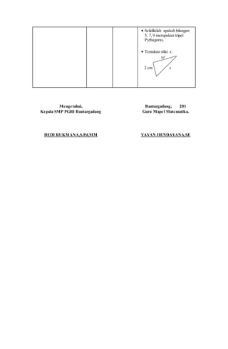  Selidikilah apakah bilangan
5, 7, 9 merupakan tripel
Pythagoras.
 Tentukan nilai x:
o
30
2 cm x
Mengetahui,
Kepala SMP PGRI Bantargadung
DEDI RUKMANA,S.Pd,MM
Bantargadung, 201
Guru Mapel Matematika.
YAYAN HENDAYANA,SE
 