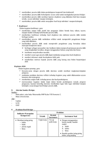  memfasilitasi peserta didik dalam pembelajaran kooperatif dan kolaboratif;
 memfasilitasi peserta didik berkompetisi secara sehat untuk meningkatkan prestasi belajar;
 memfasilitasi peserta didik membuat laporan eksplorasi yang dilakukan baik lisan maupun
tertulis, secara individual maupun kelompok;
 memfasilitasi peserta didik untuk menyajikan hasil kerja individual maupun kelompok;
 Konfirmasi
Dalam kegiatan konfirmasi, guru:
 memberikan umpan balik positif dan penguatan dalam bentuk lisan, tulisan, isyarat,
maupun hadiah terhadap keberhasilan peserta didik,
 memberikan konfirmasi terhadap hasil eksplorasi dan elaborasi peserta didik melalui
berbagai sumber,
 memfasilitasi peserta didik melakukan refleksi untuk memperoleh pengalaman belajar
yang telah dilakukan,
 memfasilitasi peserta didik untuk memperoleh pengalaman yang bermakna dalam
mencapai kompetensi dasar:
 berfungsi sebagai narasumber dan fasilitator dalam menjawab pertanyaan peserta didik
yang menghadapi kesulitan, dengan menggunakan bahasa yang baku dan benar;
 membantu menyelesaikan masalah;
 memberi acuan agar peserta didik dapat melakukan pengecekan hasil eksplorasi;
 memberi informasi untuk bereksplorasi lebih jauh;
 memberikan motivasi kepada peserta didik yang kurang atau belum berpartisipasi
aktif.
Kegiatan Akhir
Dalam kegiatan penutup, guru:
 bersama-sama dengan peserta didik dan/atau sendiri membuat rangkuman/simpulan
pelajaran;
 melakukan penilaian dan/atau refleksi terhadap kegiatan yang sudah dilaksanakan secara
konsisten dan terprogram;
 memberikan umpan balik terhadap proses dan hasil pembelajaran;
 merencanakan kegiatan tindak lanjut dalam bentuk pembelajaran remedi, program
pengayaan, layanan konseling dan/atau memberikan tugas baik tugas individual maupun
kelompok sesuai dengan hasil belajar peserta didik.
E. Alat dan Sumber Belajar.
Sumber :
- Buku paket, yaitu buku Matematika SMP Kelas VIII Semester 2.
- Buku referensilain.
Alat :
- Laptop
- LCD
- OHP
F. Penilaian Hasil Belajar .
Indikator Pencapaian
Kompetensi
Penilaian
Teknik
Bentuk
Instrumen
Instrumen/ Soal
 Membuat jaring-jaring
- kubus
- balok
- prisma tegak
- limas
Unjuk kerja Tes uji
petik kerja
 Dengan menggunakan
karton manila, buatlah
model:
a. balok
b. kubus
c. limas
 Buatlah gambar jaring-jaring
kubus yang panjang
 