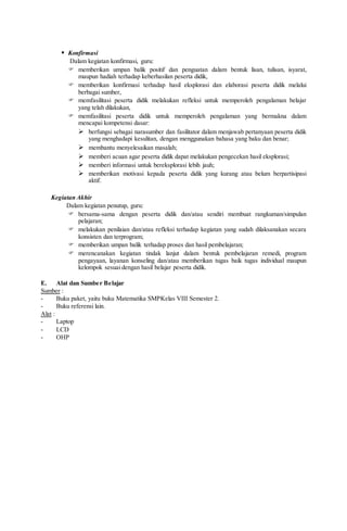  Konfirmasi
Dalam kegiatan konfirmasi, guru:
 memberikan umpan balik positif dan penguatan dalam bentuk lisan, tulisan, isyarat,
maupun hadiah terhadap keberhasilan peserta didik,
 memberikan konfirmasi terhadap hasil eksplorasi dan elaborasi peserta didik melalui
berbagai sumber,
 memfasilitasi peserta didik melakukan refleksi untuk memperoleh pengalaman belajar
yang telah dilakukan,
 memfasilitasi peserta didik untuk memperoleh pengalaman yang bermakna dalam
mencapai kompetensi dasar:
 berfungsi sebagai narasumber dan fasilitator dalam menjawab pertanyaan peserta didik
yang menghadapi kesulitan, dengan menggunakan bahasa yang baku dan benar;
 membantu menyelesaikan masalah;
 memberi acuan agar peserta didik dapat melakukan pengecekan hasil eksplorasi;
 memberi informasi untuk bereksplorasi lebih jauh;
 memberikan motivasi kepada peserta didik yang kurang atau belum berpartisipasi
aktif.
Kegiatan Akhir
Dalam kegiatan penutup, guru:
 bersama-sama dengan peserta didik dan/atau sendiri membuat rangkuman/simpulan
pelajaran;
 melakukan penilaian dan/atau refleksi terhadap kegiatan yang sudah dilaksanakan secara
konsisten dan terprogram;
 memberikan umpan balik terhadap proses dan hasil pembelajaran;
 merencanakan kegiatan tindak lanjut dalam bentuk pembelajaran remedi, program
pengayaan, layanan konseling dan/atau memberikan tugas baik tugas individual maupun
kelompok sesuai dengan hasil belajar peserta didik.
E. Alat dan Sumber Belajar
Sumber :
- Buku paket, yaitu buku Matematika SMPKelas VIII Semester 2.
- Buku referensi lain.
Alat :
- Laptop
- LCD
- OHP
 