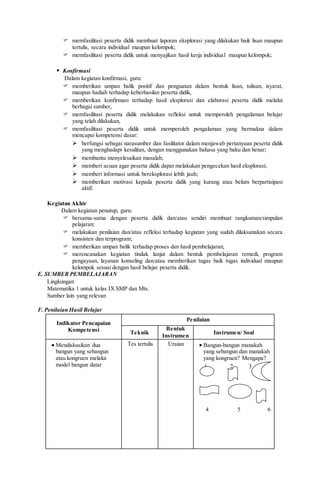  memfasilitasi peserta didik membuat laporan eksplorasi yang dilakukan baik lisan maupun
tertulis, secara individual maupun kelompok;
 memfasilitasi peserta didik untuk menyajikan hasil kerja individual maupun kelompok;
 Konfirmasi
Dalam kegiatan konfirmasi, guru:
 memberikan umpan balik positif dan penguatan dalam bentuk lisan, tulisan, isyarat,
maupun hadiah terhadap keberhasilan peserta didik,
 memberikan konfirmasi terhadap hasil eksplorasi dan elaborasi peserta didik melalui
berbagai sumber,
 memfasilitasi peserta didik melakukan refleksi untuk memperoleh pengalaman belajar
yang telah dilakukan,
 memfasilitasi peserta didik untuk memperoleh pengalaman yang bermakna dalam
mencapai kompetensi dasar:
 berfungsi sebagai narasumber dan fasilitator dalam menjawab pertanyaan peserta didik
yang menghadapi kesulitan, dengan menggunakan bahasa yang baku dan benar;
 membantu menyelesaikan masalah;
 memberi acuan agar peserta didik dapat melakukan pengecekan hasil eksplorasi;
 memberi informasi untuk bereksplorasi lebih jauh;
 memberikan motivasi kepada peserta didik yang kurang atau belum berpartisipasi
aktif.
Kegiatan Akhir
Dalam kegiatan penutup, guru:
 bersama-sama dengan peserta didik dan/atau sendiri membuat rangkuman/simpulan
pelajaran;
 melakukan penilaian dan/atau refleksi terhadap kegiatan yang sudah dilaksanakan secara
konsisten dan terprogram;
 memberikan umpan balik terhadap proses dan hasil pembelajaran;
 merencanakan kegiatan tindak lanjut dalam bentuk pembelajaran remedi, program
pengayaan, layanan konseling dan/atau memberikan tugas baik tugas individual maupun
kelompok sesuai dengan hasil belajar peserta didik.
E. SUMBER PEMBELAJARAN
Lingkungan
Matematika 1 untuk kelas IX SMP dan Mts.
Sumber lain yang relevan
F. Penilaian Hasil Belajar
Indikator Pencapaian
Kompetensi
Penilaian
Teknik
Bentuk
Instrumen
Instrumen/ Soal
 Mendiskusikan dua
bangun yang sebangun
atau kongruen melalui
model bangun datar
Tes tertulis Uraian  Bangun-bangun manakah
yang sebangun dan manakah
yang kongruen? Mengapa?
1 2 3
4 5 6
 