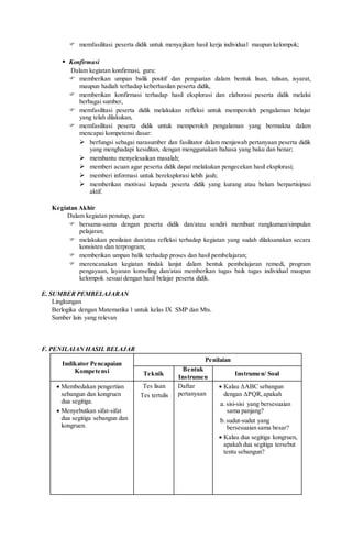  memfasilitasi peserta didik untuk menyajikan hasil kerja individual maupun kelompok;
 Konfirmasi
Dalam kegiatan konfirmasi, guru:
 memberikan umpan balik positif dan penguatan dalam bentuk lisan, tulisan, isyarat,
maupun hadiah terhadap keberhasilan peserta didik,
 memberikan konfirmasi terhadap hasil eksplorasi dan elaborasi peserta didik melalui
berbagai sumber,
 memfasilitasi peserta didik melakukan refleksi untuk memperoleh pengalaman belajar
yang telah dilakukan,
 memfasilitasi peserta didik untuk memperoleh pengalaman yang bermakna dalam
mencapai kompetensi dasar:
 berfungsi sebagai narasumber dan fasilitator dalam menjawab pertanyaan peserta didik
yang menghadapi kesulitan, dengan menggunakan bahasa yang baku dan benar;
 membantu menyelesaikan masalah;
 memberi acuan agar peserta didik dapat melakukan pengecekan hasil eksplorasi;
 memberi informasi untuk bereksplorasi lebih jauh;
 memberikan motivasi kepada peserta didik yang kurang atau belum berpartisipasi
aktif.
Kegiatan Akhir
Dalam kegiatan penutup, guru:
 bersama-sama dengan peserta didik dan/atau sendiri membuat rangkuman/simpulan
pelajaran;
 melakukan penilaian dan/atau refleksi terhadap kegiatan yang sudah dilaksanakan secara
konsisten dan terprogram;
 memberikan umpan balik terhadap proses dan hasil pembelajaran;
 merencanakan kegiatan tindak lanjut dalam bentuk pembelajaran remedi, program
pengayaan, layanan konseling dan/atau memberikan tugas baik tugas individual maupun
kelompok sesuai dengan hasil belajar peserta didik.
E. SUMBER PEMBELAJARAN
Lingkungan
Berlogika dengan Matematika 1 untuk kelas IX SMP dan Mts.
Sumber lain yang relevan
F. PENILAIAN HASIL BELAJAR
Indikator Pencapaian
Kompetensi
Penilaian
Teknik
Bentuk
Instrumen
Instrumen/ Soal
 Membedakan pengertian
sebangun dan kongruen
dua segitiga.
 Menyebutkan sifat-sifat
dua segitiga sebangun dan
kongruen.
Tes lisan
Tes tertulis
Daftar
pertanyaan
 Kalau ΔABC sebangun
dengan ΔPQR,apakah
a. sisi-sisi yang bersesuaian
sama panjang?
b.sudut-sudut yang
bersesuaian sama besar?
 Kalau dua segitiga kongruen,
apakah dua segitiga tersebut
tentu sebangun?
 