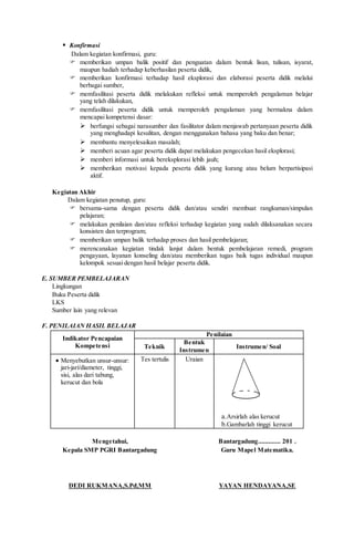  Konfirmasi
Dalam kegiatan konfirmasi, guru:
 memberikan umpan balik positif dan penguatan dalam bentuk lisan, tulisan, isyarat,
maupun hadiah terhadap keberhasilan peserta didik,
 memberikan konfirmasi terhadap hasil eksplorasi dan elaborasi peserta didik melalui
berbagai sumber,
 memfasilitasi peserta didik melakukan refleksi untuk memperoleh pengalaman belajar
yang telah dilakukan,
 memfasilitasi peserta didik untuk memperoleh pengalaman yang bermakna dalam
mencapai kompetensi dasar:
 berfungsi sebagai narasumber dan fasilitator dalam menjawab pertanyaan peserta didik
yang menghadapi kesulitan, dengan menggunakan bahasa yang baku dan benar;
 membantu menyelesaikan masalah;
 memberi acuan agar peserta didik dapat melakukan pengecekan hasil eksplorasi;
 memberi informasi untuk bereksplorasi lebih jauh;
 memberikan motivasi kepada peserta didik yang kurang atau belum berpartisipasi
aktif.
Kegiatan Akhir
Dalam kegiatan penutup, guru:
 bersama-sama dengan peserta didik dan/atau sendiri membuat rangkuman/simpulan
pelajaran;
 melakukan penilaian dan/atau refleksi terhadap kegiatan yang sudah dilaksanakan secara
konsisten dan terprogram;
 memberikan umpan balik terhadap proses dan hasil pembelajaran;
 merencanakan kegiatan tindak lanjut dalam bentuk pembelajaran remedi, program
pengayaan, layanan konseling dan/atau memberikan tugas baik tugas individual maupun
kelompok sesuai dengan hasil belajar peserta didik.
E. SUMBER PEMBELAJARAN
Lingkungan
Buku Peserta didik
LKS
Sumber lain yang relevan
F. PENILAIAN HASIL BELAJAR
Indikator Pencapaian
Kompetensi
Penilaian
Teknik
Bentuk
Instrumen
Instrumen/ Soal
 Menyebutkan unsur-unsur:
jari-jari/diameter, tinggi,
sisi, alas dari tabung,
kerucut dan bola
Tes tertulis Uraian
a.Arsirlah alas kerucut
b.Gambarlah tinggi kerucut
Mengetahui,
Kepala SMP PGRI Bantargadung
DEDI RUKMANA,S.Pd,MM
Bantargadung............. 201 .
Guru Mapel Matematika.
YAYAN HENDAYANA,SE
 