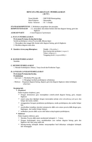 RENCANA PELAKSANAAN PEMBELAJARAN
( R P P )
Nama Sekolah : SMP PGRI Bantargadung
Mata Pelajaran : Matematika
Kelas / Semester : IX / 1 (Ganjil)
STANDAR KOMPETENSI :3. Melakukan pengelolaan dan penyajian
KOMPETENSI DASAR : 3.2. menyajikan data dalam bentuk tabel dan diagram batang, garis dan
lingkaran
ALOKASI WAKTU : 6 Jam Pelajaran (3 pertemuan)
A. TUJUAN PEMBELAJARAN.
Pertemuan Pertama, Kedua dan ketiga.
Setelah pembelajaran selesaiPeserta didik diharap dapat :
1. Menyajikan data tunggal dlm bentuk tabel diagram batang, garis & lingkaran
2. Membaca diagram suatu data.
 Karakter siswa yang diharapkan : Disiplin ( Discipline )
Rasa hormat dan perhatian ( respect )
Tekun ( diligence )
Tanggung jawab ( responsibility )
B. MATERI PEMBELAJARAN
Statistika
C. METODE PEMBELAJARAN
1. Metode Pembelajaran: Diskusi, Tanya Jawab dan Pemberian Tugas.
D. LANGKAH-LANGKAH PEMBELAJARAN
Pertemuan Pertama dan Kedua.
Pendahuluan
- Apersepsi: 1. Membahas PR yang sulit.
2. Mengingat kembali pembelajaran sebelumnya.
- Motivasi : Kegunaan diagram batang, diagram garis dan diagram lingkaran dalam kehidupan
sehari-hari.
Kegiatan inti.
 Eksplorasi
Dalam kegiatan eksplorasi, guru:
 Dengan demonstrasi guru menunjukkan contoh-contoh diagram batang, garis, maupun
lingkaran
 materi yang akan dipelajari dengan menerapkan prinsip alam takambang jadi guru dan
belajar dari aneka sumber;
 menggunakan beragam pendekatan pembelajaran, media pembelajaran, dan sumber belajar
lain;
 memfasilitasi terjadinya interaksi antarpeserta didik serta antara peserta didik dengan guru,
lingkungan, dan sumber belajar lainnya;
 melibatkan peserta didik secara aktif dalam setiap kegiatan pembelajaran;
 Elaborasi
Dalam kegiatan elaborasi, guru:
 Meminta Peserta didik untuk membentuk kelompok 4 – 5 siswa
 Dengan berkelompok siswa mendiskusikan cara mebuat diagram batang, garis dan
lingkaran dari data yang sudah ada
 Masing-masing kelompok diminta menyampaikan hasil diskusinya sedangkan kelompok
lain menanggapi
 