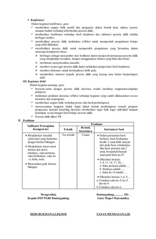  Konfirmasi
Dalam kegiatan konfirmasi, guru:
 memberikan umpan balik positif dan penguatan dalam bentuk lisan, tulisan, isyarat,
maupun hadiah terhadap keberhasilan peserta didik,
 memberikan konfirmasi terhadap hasil eksplorasi dan elaborasi peserta didik melalui
berbagai sumber,
 memfasilitasi peserta didik melakukan refleksi untuk memperoleh pengalaman belajar
yang telah dilakukan,
 memfasilitasi peserta didik untuk memperoleh pengalaman yang bermakna dalam
mencapai kompetensi dasar:
 berfungsi sebagai narasumber dan fasilitator dalam menjawab pertanyaan peserta didik
yang menghadapi kesulitan, dengan menggunakan bahasa yang baku dan benar;
 membantu menyelesaikan masalah;
 memberi acuan agar peserta didik dapat melakukan pengecekan hasil eksplorasi;
 memberi informasi untuk bereksplorasi lebih jauh;
 memberikan motivasi kepada peserta didik yang kurang atau belum berpartisipasi
aktif.
III. Kegiatan Akhir
Dalam kegiatan penutup, guru:
 bersama-sama dengan peserta didik dan/atau sendiri membuat rangkuman/simpulan
pelajaran;
 melakukan penilaian dan/atau refleksi terhadap kegiatan yang sudah dilaksanakan secara
konsisten dan terprogram;
 memberikan umpan balik terhadap proses dan hasil pembelajaran;
 merencanakan kegiatan tindak lanjut dalam bentuk pembelajaran remedi, program
pengayaan, layanan konseling dan/atau memberikan tugas baik tugas individual maupun
kelompok sesuai dengan hasil belajar peserta didik.
 Peserta didik diberi PR
E. Penilaian
Indikator Pencapaian
Kompetensi
Penilaian
Teknik
Bentuk
Instrumen
Instrumen/ Soal
 Menjelaskan masalah
sehari-hari yang berkaitan
dengan barisan bilangan.
 Menjelaskan unsur-unsur
barisan dan deret,
misalnya; suku pertama,
suku berikutnya, suku ke
–n, beda, rasio.
 Menentukan pola barisan
bilangan.
Tes tertulis Uraian  Dalam permainan baris
berbaris, baris berikutnya
berdiri 2 anak lebih banyak
dari pada baris sebelumnya.
Jika baris pertama ada 2
anak, berapakah banyak
anak pada baris ke-6?
 Diketahui barisan:
5, 8, 11, 14, 17, 20, ...
a. Suku pertama adalah ....
b. Bedanya adalah .....
c. Suku ke-10 adalah ....
 Diketahui barisan 3, 6, 9, ...
a.Tentukan suku ke-4, ke-5,
dan ke-6
b.Tentukan suku ke-n
Mengetahui,
Kepala SMP PGRI Bantargadung
DEDI RUKMANA,S.Pd,MM
Bantargadung............ 201 .
Guru Mapel Matematika.
YAYAN HENDAYANA,SE
 