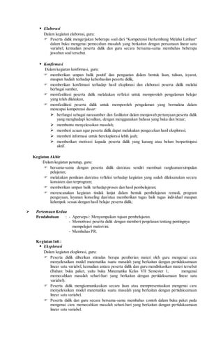  Elaborasi
Dalam kegiatan elaborasi, guru:
 Peserta didik mengerjakan beberapa soal dari “Kompetensi Berkembang Melalui Latihan“
dalam buku mengenai pemecahan masalah yang berkaitan dengan persamaan linear satu
variabel, kemudian peserta didik dan guru secara bersama-sama membahas beberapa
jawaban soal tersebut.
 Konfirmasi
Dalam kegiatan konfirmasi, guru:
 memberikan umpan balik positif dan penguatan dalam bentuk lisan, tulisan, isyarat,
maupun hadiah terhadap keberhasilan peserta didik,
 memberikan konfirmasi terhadap hasil eksplorasi dan elaborasi peserta didik melalui
berbagai sumber,
 memfasilitasi peserta didik melakukan refleksi untuk memperoleh pengalaman belajar
yang telah dilakukan,
 memfasilitasi peserta didik untuk memperoleh pengalaman yang bermakna dalam
mencapai kompetensi dasar:
 berfungsi sebagai narasumber dan fasilitator dalam menjawab pertanyaan peserta didik
yang menghadapi kesulitan, dengan menggunakan bahasa yang baku dan benar;
 membantu menyelesaikan masalah;
 memberi acuan agar peserta didik dapat melakukan pengecekan hasil eksplorasi;
 memberi informasi untuk bereksplorasi lebih jauh;
 memberikan motivasi kepada peserta didik yang kurang atau belum berpartisipasi
aktif.
Kegiatan Akhir
Dalam kegiatan penutup, guru:
 bersama-sama dengan peserta didik dan/atau sendiri membuat rangkuman/simpulan
pelajaran;
 melakukan penilaian dan/atau refleksi terhadap kegiatan yang sudah dilaksanakan secara
konsisten dan terprogram;
 memberikan umpan balik terhadap proses dan hasil pembelajaran;
 merencanakan kegiatan tindak lanjut dalam bentuk pembelajaran remedi, program
pengayaan, layanan konseling dan/atau memberikan tugas baik tugas individual maupun
kelompok sesuai dengan hasil belajar peserta didik;
 Pertemuan Kedua
Pendahuluan : - Apersepsi: Menyampaikan tujuan pembelajaran.
- Memotivasi peserta didik dengan memberi penjelasan tentang pentingnya
mempelajari materi ini.
- Membahas PR.
Kegiatan Inti :
 Eksplorasi
Dalam kegiatan eksplorasi, guru:
 Peserta didik diberikan stimulus berupa pemberian materi oleh guru mengenai cara
menyelesaikan model matematika suatu masalah yang berkaitan dengan pertidaksamaan
linear satu variabel, kemudian antara peserta didik dan guru mendiskusikan materi tersebut
(Bahan: buku paket, yaitu buku Matematika Kelas VII Semester 1, mengenai
memecahkan masalah sehari-hari yang berkaitan dengan pertidaksamaan linear satu
variabel).
 Peserta didik mengkomunikasikan secara lisan atau mempresentasikan mengenai cara
menyelesaikan model matematika suatu masalah yang berkaitan dengan pertidaksamaan
linear satu variabel.
 Peserta didik dan guru secara bersama-sama membahas contoh dalam buku paket pada
mengenai cara memecahkan masalah sehari-hari yang berkaitan dengan pertidaksamaan
linear satu variabel.
 