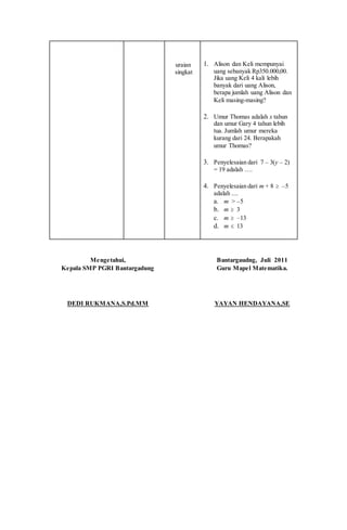 uraian
singkat
1. Alison dan Keli mempunyai
uang sebanyak Rp350.000,00.
Jika uang Keli 4 kali lebih
banyak dari uang Alison,
berapa jumlah uang Alison dan
Keli masing-masing?
2. Umur Thomas adalah x tahun
dan umur Gary 4 tahun lebih
tua. Jumlah umur mereka
kurang dari 24. Berapakah
umur Thomas?
3. Penyelesaian dari 7 – 3(y – 2)
= 19 adalah ….
4. Penyelesaian dari m + 8  –5
adalah ....
a. m > –5
b. m  3
c. m  –13
d. m  13
Mengetahui,
Kepala SMP PGRI Bantargadung
DEDI RUKMANA,S.Pd.MM
Bantargaudng, Juli 2011
Guru Mapel Matematika.
YAYAN HENDAYANA,SE
 